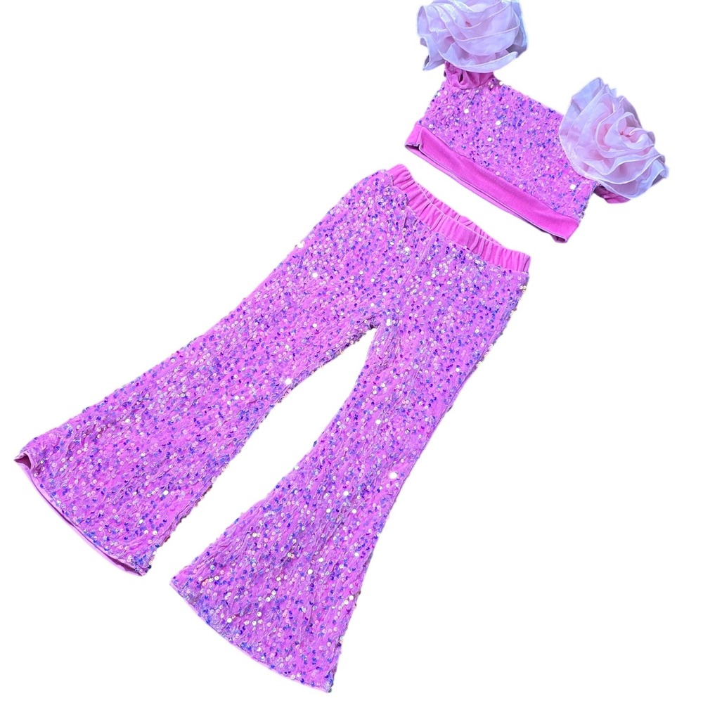 Girls Pink Sequin Velvet Set Ruffle Crop Top Flare Pants‎ Barbie Party Size 6Y